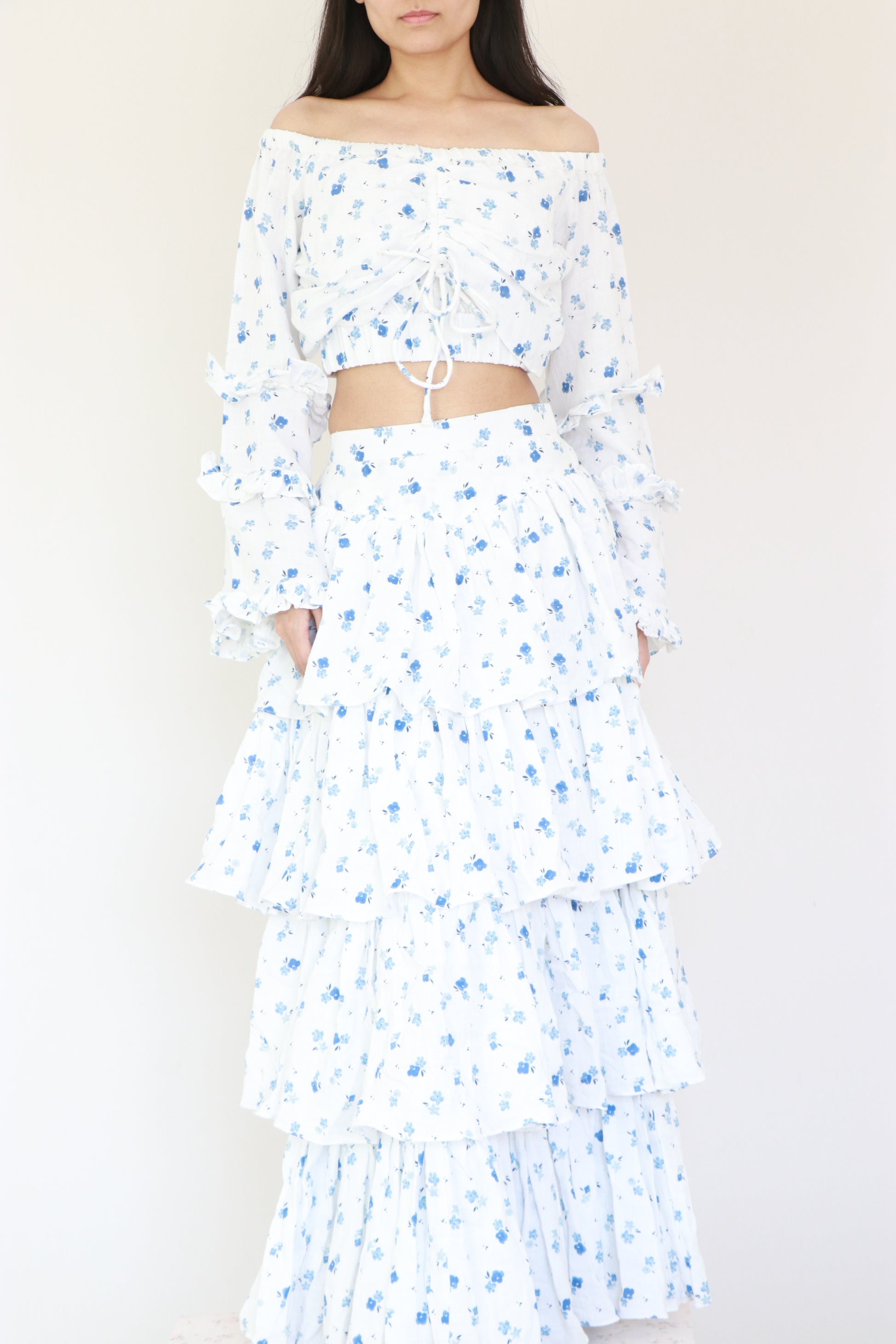 Semi-linen white and blue printed co-ord set for women with elasticated top and skirt